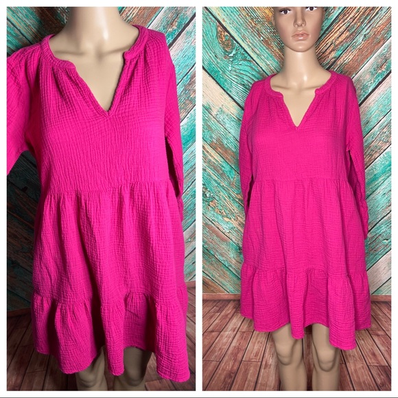 Mododoc Barbie Pink Double Layer Gauze Mandarin Collar Fuchsia Dress - Picture 2 of 7